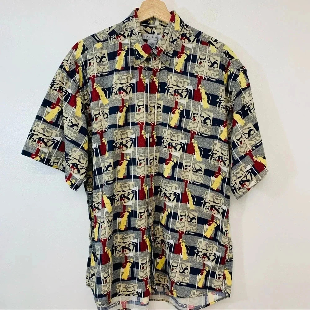 Novelty Golf Print Shirt Men Large Short Sleeve 100% Cotton Button Up Colorful